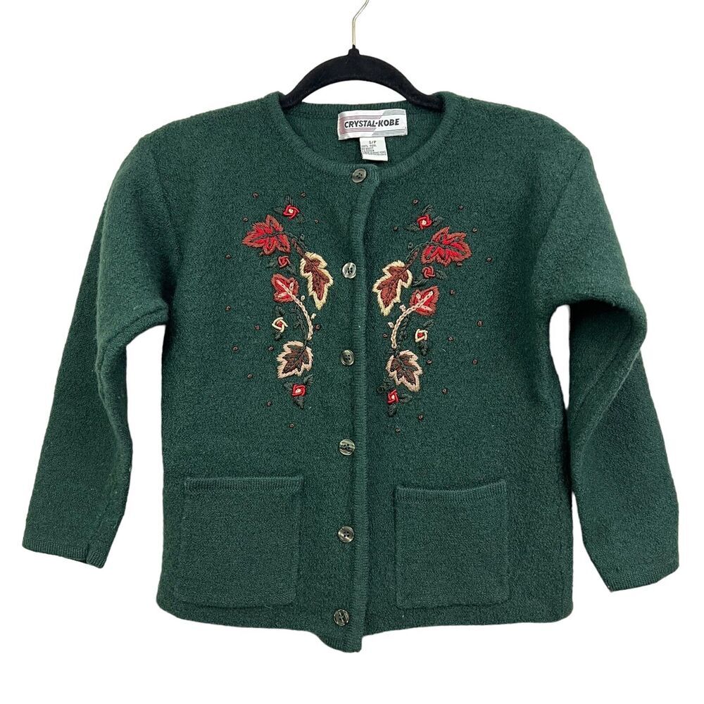 Crystal Kobe Womens Wool Cardigan Sweater Floral Hand Embroidered Green Sz S/P*